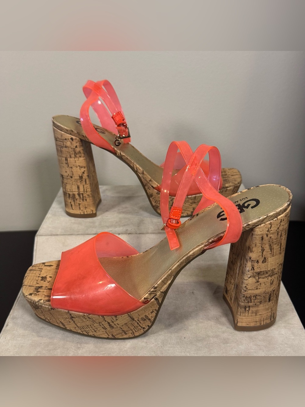 GBG Los Angeles Coral-Pink Platform Cork Heeled Sandals, size 9.5, NWOT